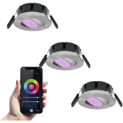 HOFTRONIC SMART 3er-Set Napels Smart Einbaustrahler Extra Flach (39mm) - IP65 Wasserdicht - 8 Watt 600 Lumen - Schwenkbar - Wifi + Bluetooth - RGBWW - Google Home, Amazon Alexa und Siri - Edelstahl - Für den Innen- und Außenbereich