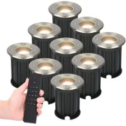 HOFTRONIC 9er Set dimmbarer LED Bodeneinbaustrahler Maisy - rund - Edelstahl - 4 Watt 345 lumen - 2700K warmweiß - IP65 Wasserdicht - Inkl. Dimmer mit Fernbedienung