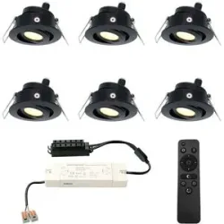 HOFTRONIC 6er Set Sienna LED Mini Einbaustrahler mit Trafo - 12 Volt 3 Watt 200 Lumen - Dimmbar - Schwenkbar - Flach 30mm - 2700K - IP44 wasserdicht - Schwarz