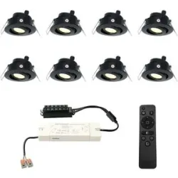 HOFTRONIC 8er Set Sienna LED Mini Einbaustrahler mit Trafo - 12 Volt 3 Watt 200 Lumen - Dimmbar - Schwenkbar - Flach 30mm - 2700K - IP44 wasserdicht - Schwarz