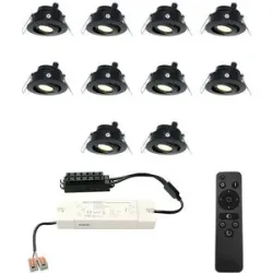 HOFTRONIC 10er Set Sienna LED Mini Einbaustrahler mit Trafo - 12 Volt 3 Watt 200 Lumen - Dimmbar - Schwenkbar - Flach 30mm - 2700K - IP44 wasserdicht - Schwarz