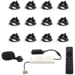 HOFTRONIC 12er Set Sienna 12V Einbaustrahlern - 3 Watt 200 Lumen - 2700K warmweiß - Schwarz - IP44 wasserdicht - schwenkbar - Verandaspots - mit Fernbedienung