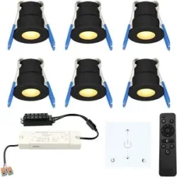 HOFTRONIC 6er Set Milano LED Mini Einbaustrahler mit Trafo und Wanddimmer - 12 Volt 3 Watt 200 Lumen - Dimmbar - Flach 34mm - 2700K - IP65 wasserdicht - Schwarz