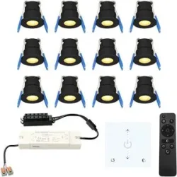 HOFTRONIC 12er Set Milano LED Mini Einbaustrahler mit Trafo und Wanddimmer - 12 Volt 3 Watt 200 Lumen - Dimmbar - Flach 34mm - 2700K - IP65 wasserdicht - Schwarz