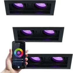 HOFTRONIC SMART 3er Set Durham Doppel Smart Einbaustrahler quadratisch - Wifi + Bluetooth - RGBWW - GU10 11 Watt 670 Lumen - schwenkbar - Google Home, Amazon Alexa und Siri - Schwarz