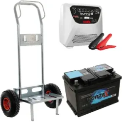 T.O. Komplettes Olivenernteset: Batteriewagen Geotech + Batterie 50 Ah + Ladegerät Telwin Touring 18