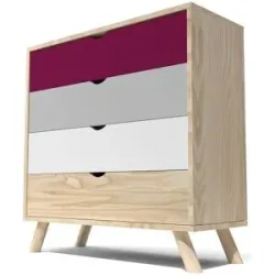 ABC MEUBLES Skandinavische Kommode Viking mit 4 Schubladen aus Massivholz - Pflaume, Mausgrau, Weiß