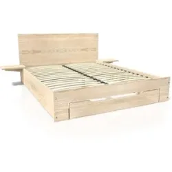 ABC MEUBLES Happy Holzbett 2 Plätze 140x190 mit Schublade + Nachttische - Roh (ohne Lack)