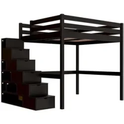 ABC MEUBLES Hochbett holz mit Treppenregal Sylvia - 160x200 - Schwarz