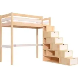 ABC MEUBLES Hochbett holz mit Treppenregal Sylvia - 90x200 - Naturlack/Weiß