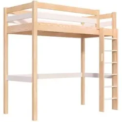ABC MEUBLES Hohes bett 1-Personen Sylvia 90x200 mit gerader Leiter - Naturlack/Weiß