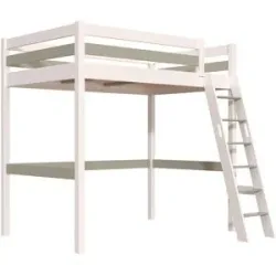 ABC MEUBLES Hochbett holz mit Leiter Sylvia - 120x200 schräge Leiter - Weiß/Mokka