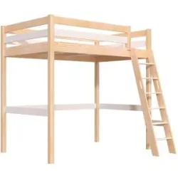 ABC MEUBLES Hochbett holz mit Leiter Sylvia - 120x200 schräge Leiter - Naturlack/Weiß