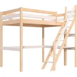 ABC MEUBLES Hochbett holz Sylvia 120x200 mit Müllertreppe - Naturlack/Weiß