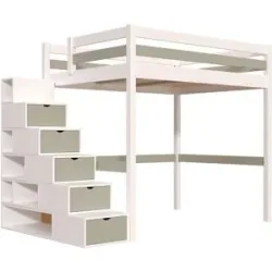 ABC MEUBLES Hochbett 140x200 Sylvia mit treppenregal - Weiß/Mokka