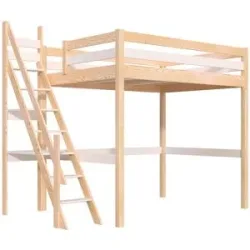 ABC MEUBLES Hochbett 140x200 aus holz Sylvia mit Mülertreppe - Naturlack/Weiß