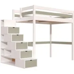 ABC MEUBLES Hochbett holz mit Treppenregal Sylvia - 120x200 - Weiß/Mokka