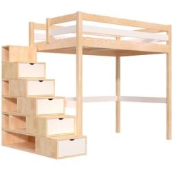 ABC MEUBLES Hochbett holz mit Treppenregal Sylvia - 120x200 - Naturlack/Weiß