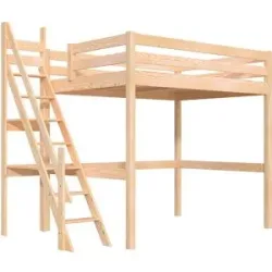 ABC MEUBLES Hochbett 140x200 aus holz Sylvia mit Mülertreppe - Roh (ohne Lack)