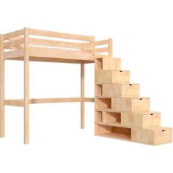 ABC MEUBLES Hochbett holz mit Treppenregal Sylvia - 90x200 - Roh (ohne Lack)