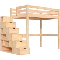 ABC MEUBLES Hochbett holz mit Treppenregal Sylvia - 120x200 - Roh (ohne Lack)