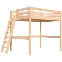 ABC MEUBLES Hochbett 140x190 holz mit Leiter Sylvia schräge Leiter - Roh (ohne Lack)