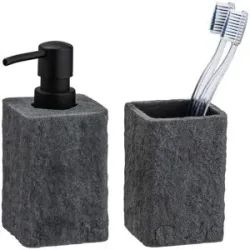 WENKO Seifenspender und Zahnputzbecher Villata, Grau, 2-teiliges Set