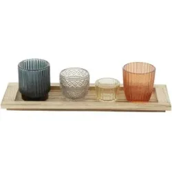 HOME STORY Teelichtglas  4er Set   ¦ mehrfarbig ¦ Glas,Holzwerkstoff ¦ Maße