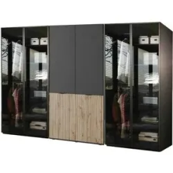 Höffner Drehtürenschrank 303 cm breit Sandbox ¦ schwarz ¦ Maße (cm): B: 303 H: 200