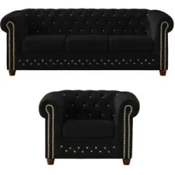 S-STYLE Chesterfield Polestergarnitur 3+1  Cleo Blink ¦ schwarz ¦ Maße (cm): B: