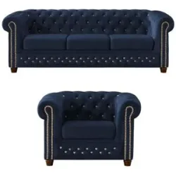 S-STYLE Chesterfield Polestergarnitur 3+1  Cleo Blink ¦ blau ¦ Maße (cm): B: 203