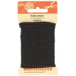 buttinette Baumwoll-Kordel für Bekleidung, schwarz, 4 mm Ø, Länge: 5 m