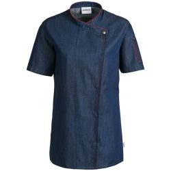 PULSIVA Damenkochjacke Celia Halbarm; Kleidergrösse 48; denim, Paspelierung rot
