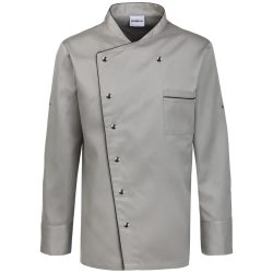 PULSIVA Herrenkochjacke Amadeus Langarm; Kleidergrösse 44/46; grau, Paspelierung schwarz