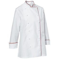 PULSIVA Damenkochjacke Aila Baumwolle Langarm farbige Paspel; Kleidergrösse 52; weiss/bordeaux