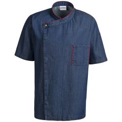 PULSIVA Herrenkochjacke Jason Halbarm; Kleidergrösse 50; denim, Paspelierung rot