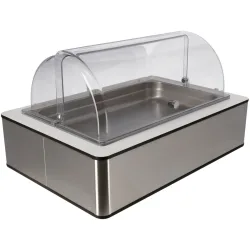 VEGA Buffetvitrine Fundale hoch, 6,5 cm, GN 1/1, Edelstahl, mit Rolltop, kühlbar; GN 1/1, 63x42.5x33.9 cm (LxBxH); edelstahl/weiss/transparent; rechteckig