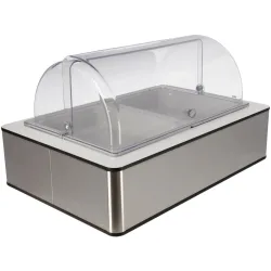 VEGA Buffetvitrine Fundale hoch, 6,5 cm, 2x GN 1/2, Melamin, mit Rolltop, kühlbar; GN 1/1, 63x42.5x33.9 cm (LxBxH); edelstahl/weiss/transparent; rechteckig